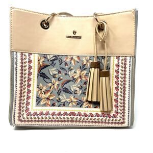 Spartina 449 Designer‎ Hand Bag Tan Blue Floral Leather Purse Snap Close Tassels